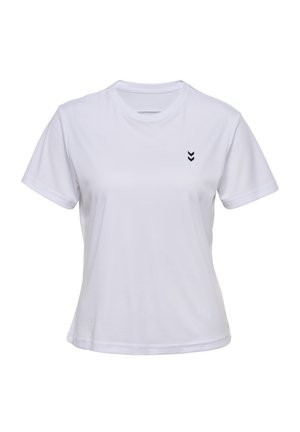 Hvid kortærmet t-shirt lavet af glat stof, med rund halsudskæring og et lille sort chevron-logo på venstre bryst.