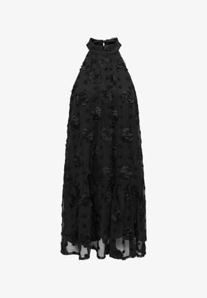 Mustast läbipaistvast kangast, kõrge kaelusega varrukateta maksikleit, kaetud 3D-lilleaplikatsioonidega.