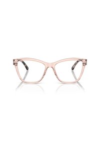 Lunettes rectangulaires transparentes avec une monture translucide rose clair et des branches en écaille sombre. Design angulaire unique, sans matériel visible.