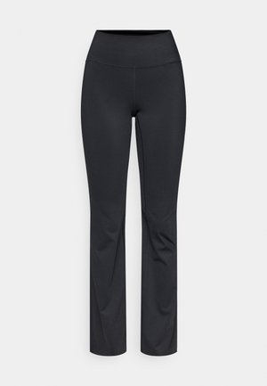 Black fitness leggings with a high waistband, made of smooth material, featuring slight flares at the bottom and no visible patterns.