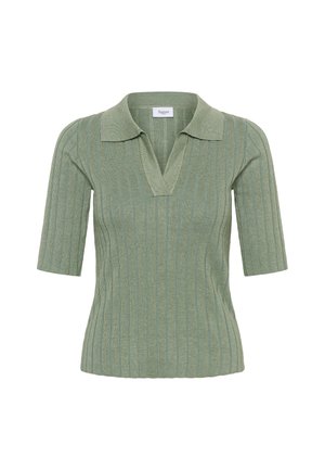 Korte mouw, geribbelde polo van gebreide stof in zacht groen met een V-hals en een gestructureerde kraag. Heeft verticale patronen en een aansluitend silhouet.
