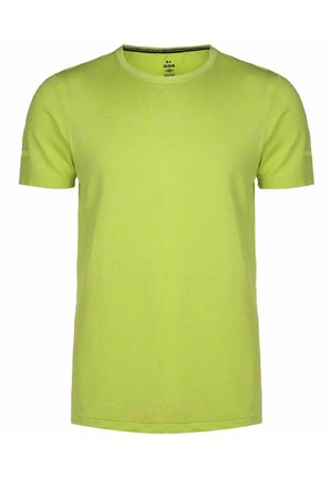 Tričko s krátkým rukávem v zářivě limetkové barvě, vyrobené z texturované tkaniny s kulatým výstřihem a jemným proužkovým detailem na rukávech.