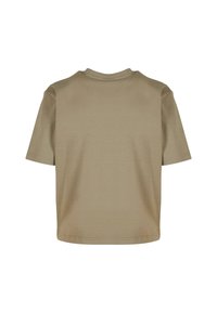 Krátký rukáv, khaki tričko vyrobené z hladké bavlny, s uvolněným střihem, kulatým výstřihem a minimalistickým designem bez vzorů nebo akcentů.