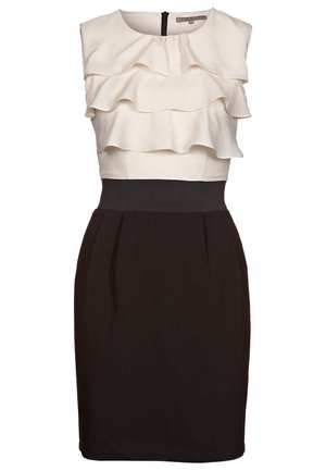 Ärmelloses Kleid mit cremefarbenem Rüschentop, schwarzem tailliertem Bund und geradem schwarzem Rock, Rückenreißverschluss.