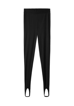 Leggings noirs longueur totale avec ceinture élastique et étriers pour une tenue sûre, présentés sur fond blanc.