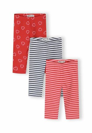 Trys vaikiškų tamprių poros, viena raudona su baltais širdelėmis, viena balta su juodomis juostelėmis ir viena rožinė su raudonomis juostelėmis, išdėliotos plokščiai.