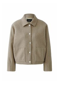 Beige Wolljacke mit Kragen, vorderen Druckknöpfen und zwei aufgesetzten Taschen. Sie zeichnet sich durch eine weiche Textur und ein verkürztes Design aus.