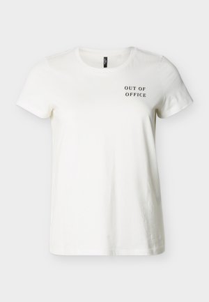 Λευκό T-shirt με κοντό μανίκι και στρογγυλή λαιμόκοψη, με μαύρο κείμενο «OUT OF OFFICE» στη θέση του άνω αριστερού στήθους.
