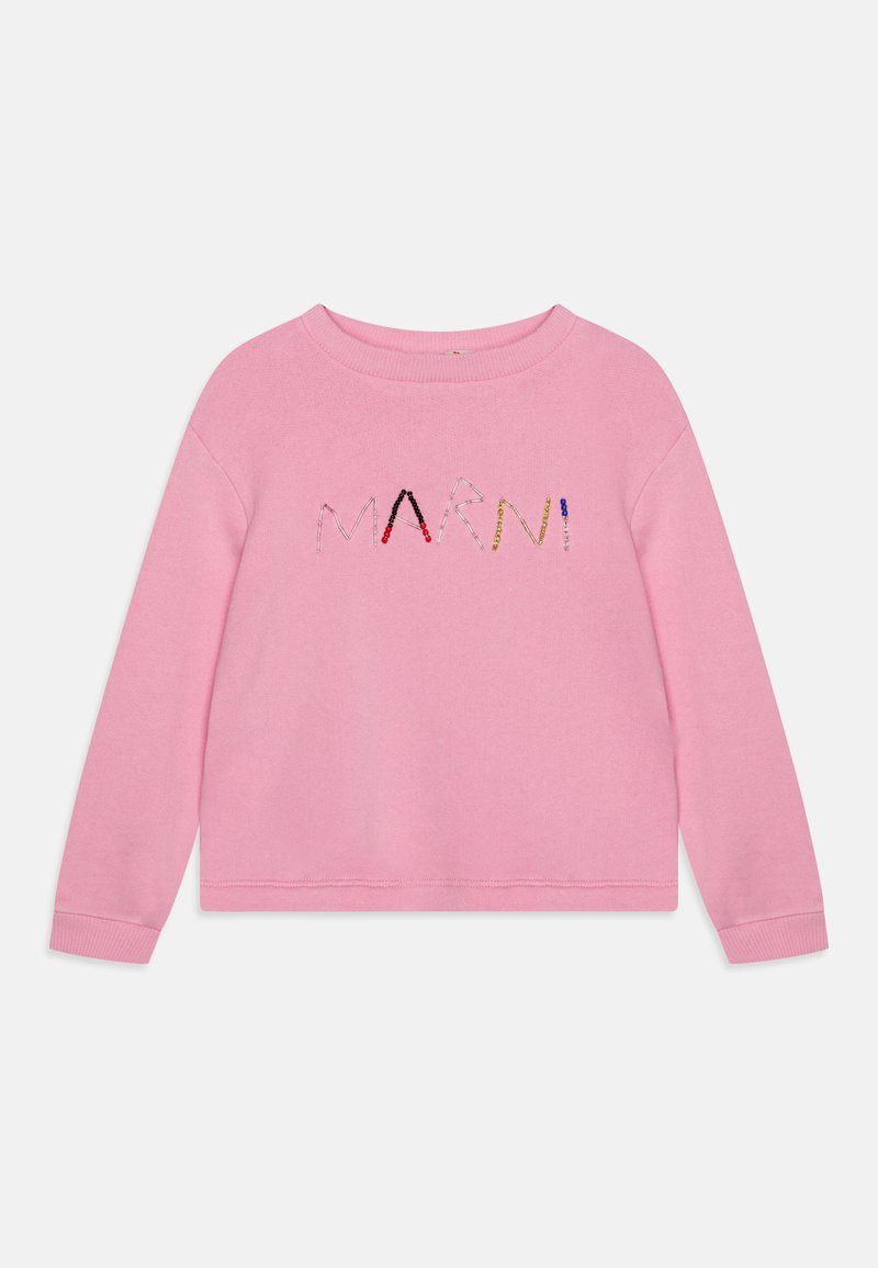 Rosa hettegenser med lange ermer, rund halslinning og brodert "MARNI" logo med fargerike tråddetaljer. Mykt bomullsmateriale.