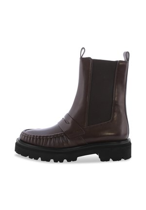 Dark brown leather ankle boot with black elastic side panel, thick black lug sole, and two pull tabs, viewed from the outer side.