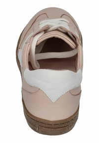 Pink sneaker with white accents, featuring a smooth leather upper, round toe, and textured rubber outsole. Laces in white.