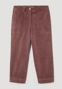 Burgundy kordbyxor med rak passform, framknäppning och uppvikta ärmar med vertikal ribbad textur.