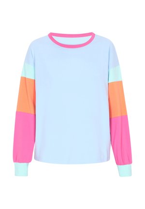 Camicetta a maniche lunghe di un blu chiaro con maniche a righe colorate: rosa, arancione e verde chiaro. Tessuto morbido, colletto rotondo e polsini arricciati.