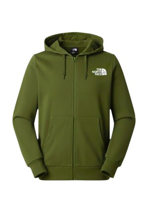 Felpa con cappuccio verde oliva con zip, tasche frontali, cappuccio con coulisse, polsini a costine e logo bianco "The North Face" sul petto sinistro.