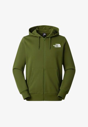 Felpa con cappuccio verde oliva con zip, tasche frontali, cappuccio con coulisse, polsini a costine e logo bianco "The North Face" sul petto sinistro.