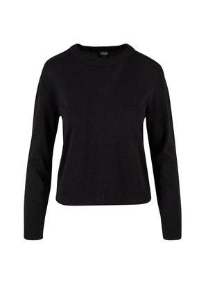 Schwarzer Strickpullover mit rundem Ausschnitt und langen Ärmeln. Verfügt über einen gerippten Saum und Bündchen, glatte Textur und keine sichtbaren Muster.