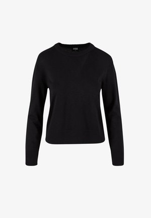 Black knitted sweater with a round neckline and long sleeves. Features a ribbed hemline and cuffs, smooth texture, and no visible patterns.