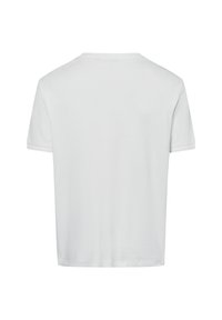 Weißes T-Shirt mit kurzen Ärmeln und Rundhalsausschnitt, mit geradem Schnitt und einfachem Saum. Das Material wirkt glatt und leicht.