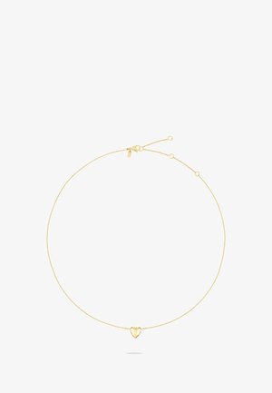 Halskæde i guldfarvet metal med en fin kæde og en lille, poleret hjertevedhæng, udstyret med en sikker lås og justerbar længde.