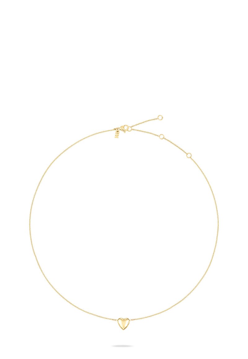 Halskæde i guldfarvet metal med en fin kæde og en lille, poleret hjertevedhæng, udstyret med en sikker lås og justerbar længde.