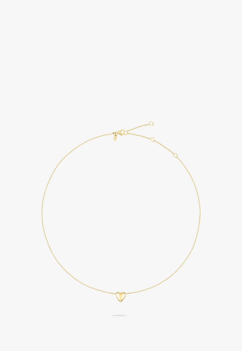 Halskæde i guldfarvet metal med en fin kæde og en lille, poleret hjertevedhæng, udstyret med en sikker lås og justerbar længde.