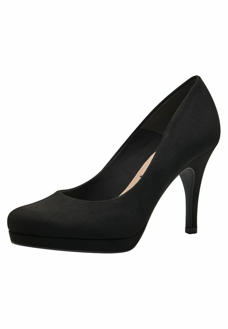 Schwarze Wildleder-Pumps mit hohem Absatz, abgerundeter Spitze und Plateau-Vorderseite. Verfügt über einen eleganten, glänzenden Absatz und ein glattes Innenfutter.