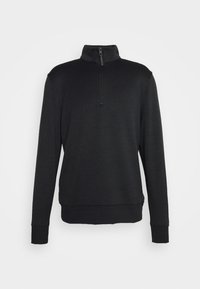 Černý pulovr na zip z texturované tkaniny, s vysokým límcem a žebrovanými manžetami a spodním lemem, v uvolněném střihu a minimalistickém designu.