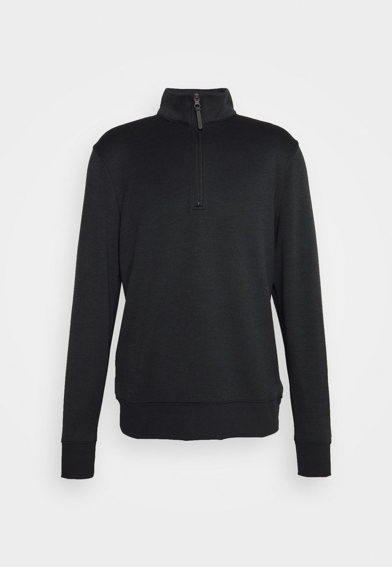 Černý pulovr na zip z texturované tkaniny, s vysokým límcem a žebrovanými manžetami a spodním lemem, v uvolněném střihu a minimalistickém designu.