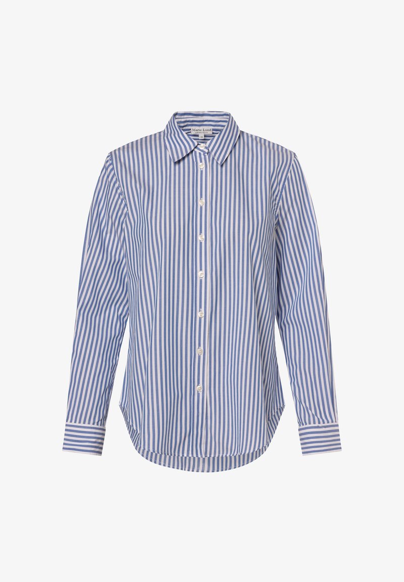 Chemise à manches longues rayée verticalement bleu et blanc, à boutons, col et poignets boutonnés sur fond blanc.