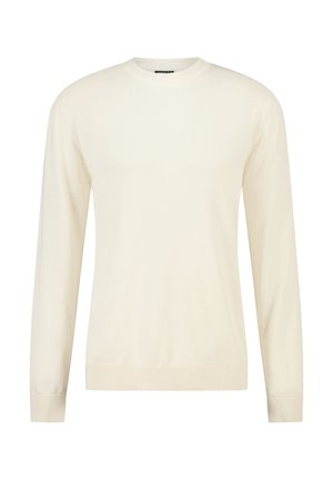 Roomkleurige trui met lange mouwen en ronde hals, met geribbelde boorden en zoom, weergegeven op een witte achtergrond.