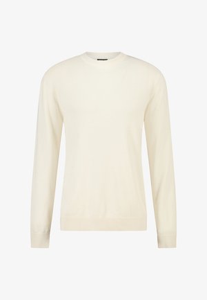 Maglione color crema a maniche lunghe con scollo tondo, polsini e orlo a coste, mostrato su sfondo bianco.