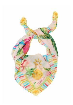 Hellrosa Schal mit bunten, gestreiften Kanten, tropischen Früchtemotiven einschließlich Ananas, Sonnenmotiven und dem Wort "Footface" in Schreibschrift.