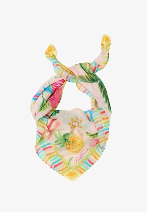 Hellrosa Schal mit bunten, gestreiften Kanten, tropischen Früchtemotiven einschließlich Ananas, Sonnenmotiven und dem Wort "Footface" in Schreibschrift.