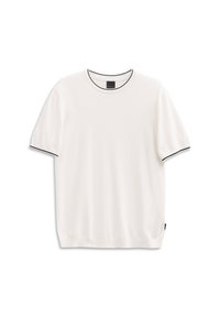 Weißes Kurzarm-T-Shirt aus weichem Stoff, mit einem schwarzen gerippten Kragen und Saumakzenten, gerader Schnitt und ohne Muster.