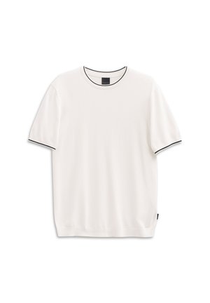 White short-sleeve t-shirt made from soft fabric, featuring a black ribbed neckline and hem accents, with a straight cut and no patterns.