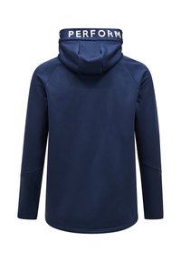 Sudadera con capucha azul marina, con una textura suave, mangas largas y un prominente logo "PERFORM" en el cuello. Diseño simple, sin patrones.