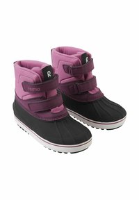 Purple and black winter boots featuring a padded design, two Velcro straps, rubber soles with textured tread, and a soft interior lining.