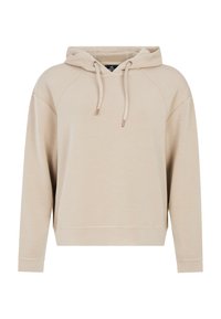 Felpa beige con cappuccio e coulisse, maniche raglan e una texture morbida. Presenta una tasca a marsupio e polsini a costine. Design semplice e minimale.