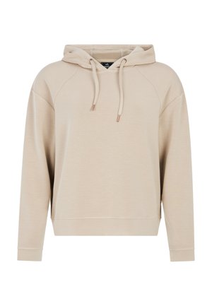 Beige hoodie met een trekkoord, raglanmouwen en een zachte textuur. Beschikt over een buidelzak en geribde manchetten. Eenvoudig, minimalistisch ontwerp.