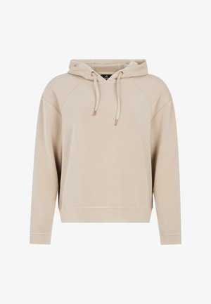 Beige hoodie met een trekkoord, raglanmouwen en een zachte textuur. Beschikt over een buidelzak en geribde manchetten. Eenvoudig, minimalistisch ontwerp.