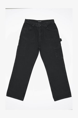 Black denim pants with a straight-leg design, featuring a front button closure, back pockets, and a side cargo pocket.