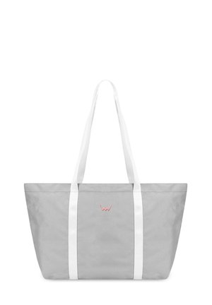 Gray tote bag with white straps, rectangular shape, fabric material, featuring a small pink logo in the center. Smooth texture.