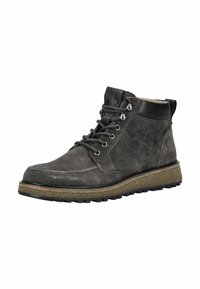 Stivaletto alla caviglia in suede grigio scuro con colletto imbottito nero, chiusura con lacci frontale, suola brown con texture e dettagli cuciti su sfondo bianco.