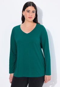 Dlouhý rukáv, top s V výstřihem v tmavě tyrkysové barvě. Má uvolněný střih a měkkou tkaninu. Kombinováno s černými džíny. Žádné viditelné vzory ani kování.