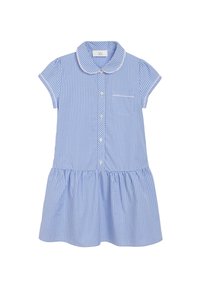 Sinine gingham-kleidi, millel on krae, lühikesed varrukad, nupuline esiosa ja kokku volditud seelik. Sisaldab rinna taskut, millel on valge õmbluse detail.