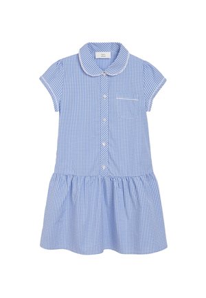 Modrá kostkovaná šaty s límečkem, krátkým rukávem, knoflíkovou přífrontou a nabíranou sukní. Obsahují náprsní kapsu s bílým prošíváním.