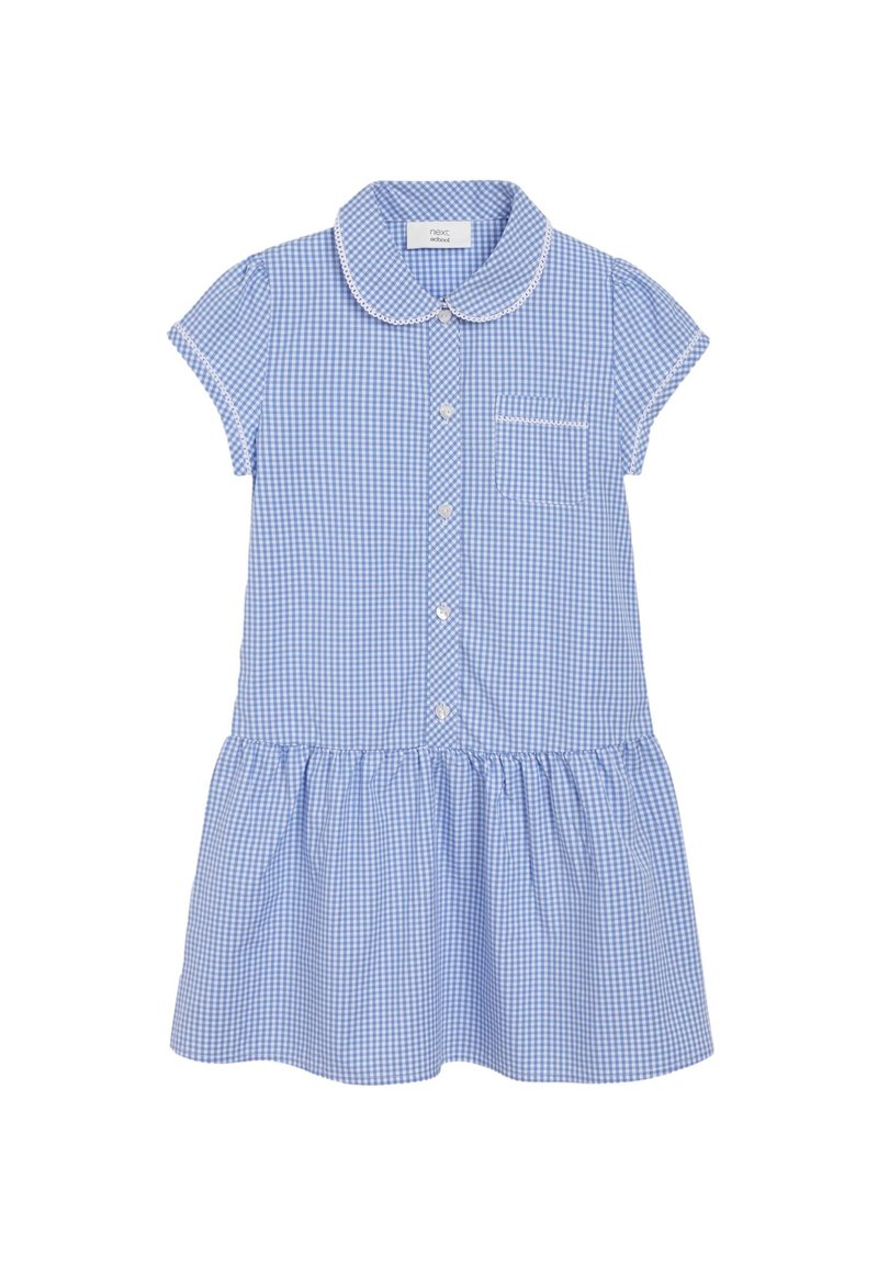 Sinine gingham-kleidi, millel on krae, lühikesed varrukad, nupuline esiosa ja kokku volditud seelik. Sisaldab rinna taskut, millel on valge õmbluse detail.