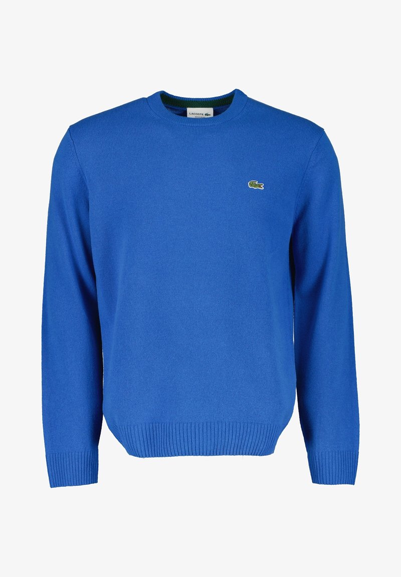 Pull bleu à manches longues avec col rond, poignets et bas côtelés, avec un petit logo crocodile vert sur la poitrine gauche.