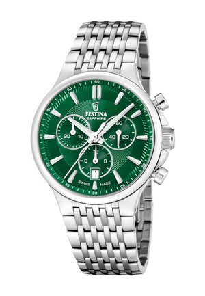 Reloj de pulsera de metal plateado con esfera verde, tres subesferas, indicador de fecha y marca Festina Sapphire en una correa de eslabones.