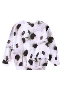Egy megismételt pandamaci mintázatú, fekete-fehér pulóver, kerek nyakkivágással és hosszú ujjal. Puha szövettextúra.
